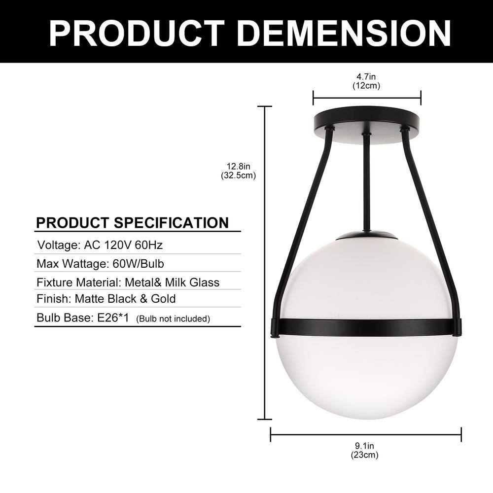 Black Metal Globe Ceiling Light with Frosted Glass Shade