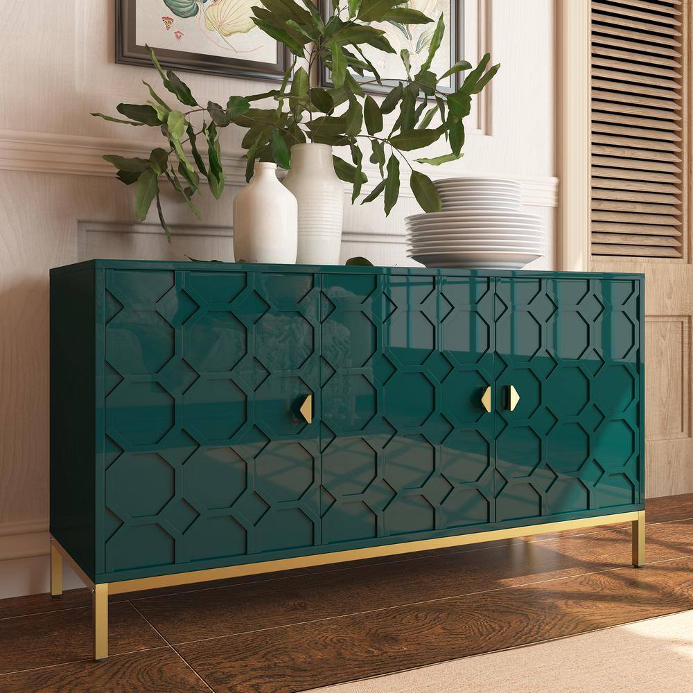 Green Embossed Pattern MDF 3-Door Accent Cabinet with Gold Legs