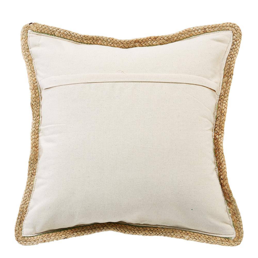 Turquoise and Jute Bordered Square Throw Pillow, 20" x 20"