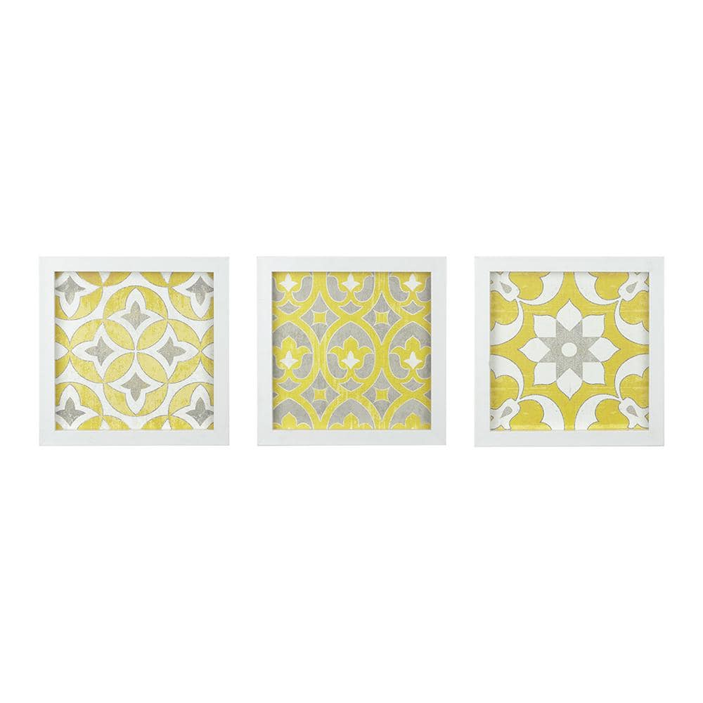 Contemporary Distressed Yellow Medallion 3-Piece Framed Wall Decor Art Prin