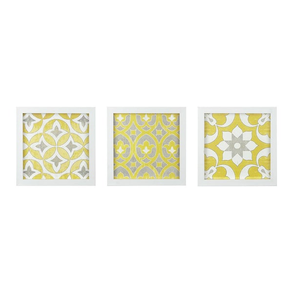 Unbranded Contemporary Distressed Yellow Medallion 3-Piece Framed Wall Decor Art Print Set 12 in. x 12 in. for Living Room