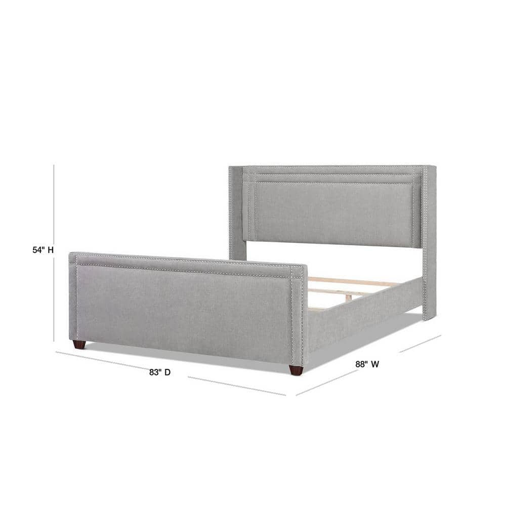 Elegant Silver Grey King Wingback Bed with Nailhead Trim and Pine Frame