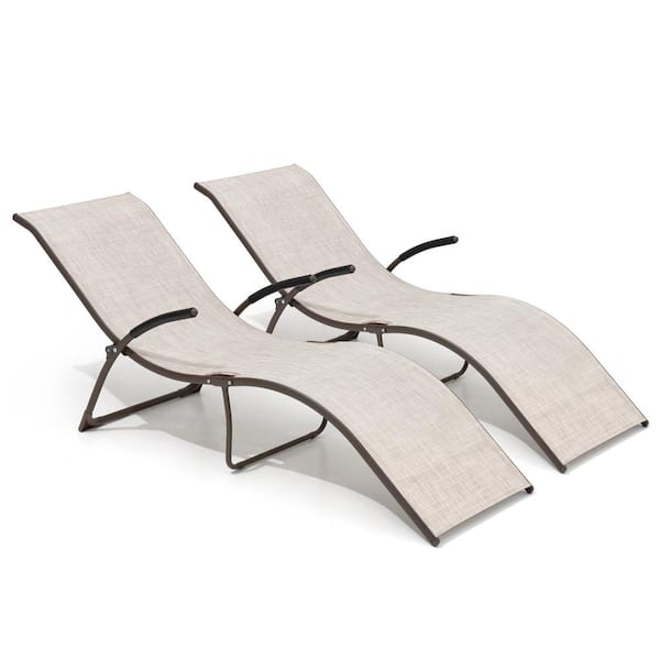 Pellebant Outdoor Folding Metal Lounge Chairs in Beige (Set of 2)