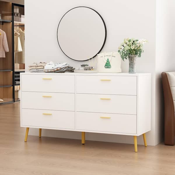 FUFU&GAGA 6-Drawers White Wood Chest of Drawer Accent Storage Cabinet Organizer With Metal Leg 54.1 in. W x 15.6 in. D