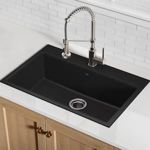 Drop-in/Undermount Granite Composite 31 in. 1- Hole Single Bowl Kitchen Sink Kit in Black