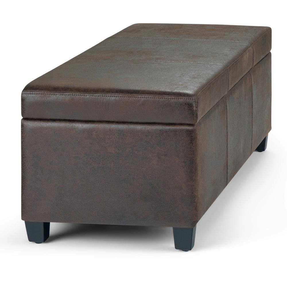 Distressed Brown Faux Leather Storage Ottoman Bench
