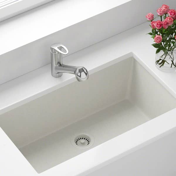 MR Direct White Quartz Granite 33 in. Single Bowl Undermount Kitchen Sink with Matching Flange