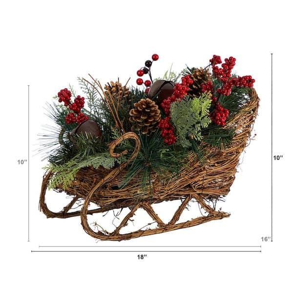 Nearly Natural 18 in. Unlit Christmas Sleigh with Pine, Pinecones and  Berries Artificial Christmas Arrangement A1860 - The Home Depot