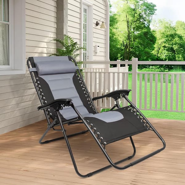 Zero Gravity Black and Grey Metal Padded Folding Chair with Cup