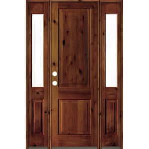 58 in. x 96 in. Rustic Knotty Alder Square Red Chestnut Stained Wood Right Hand Single Prehung Front Door