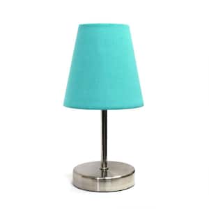 10.5 in. Blue Traditional Petite Metal Stick Bedside Table Desk Lamp in Sand Nickel with Fabric Empire Shade