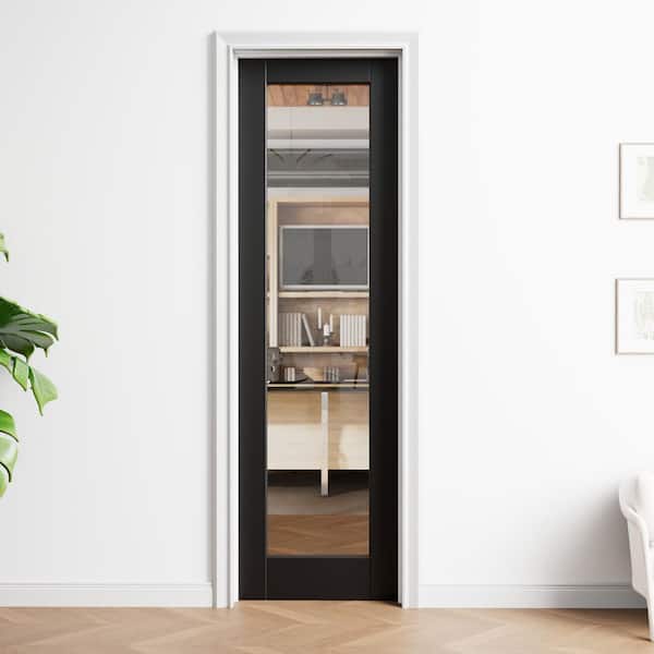 24 in. x 80 in. 1-Lite Clear Glass Left-Hand Black Solid Core Glass Single Prehung Interior Door+ Quick Assemble Jamb