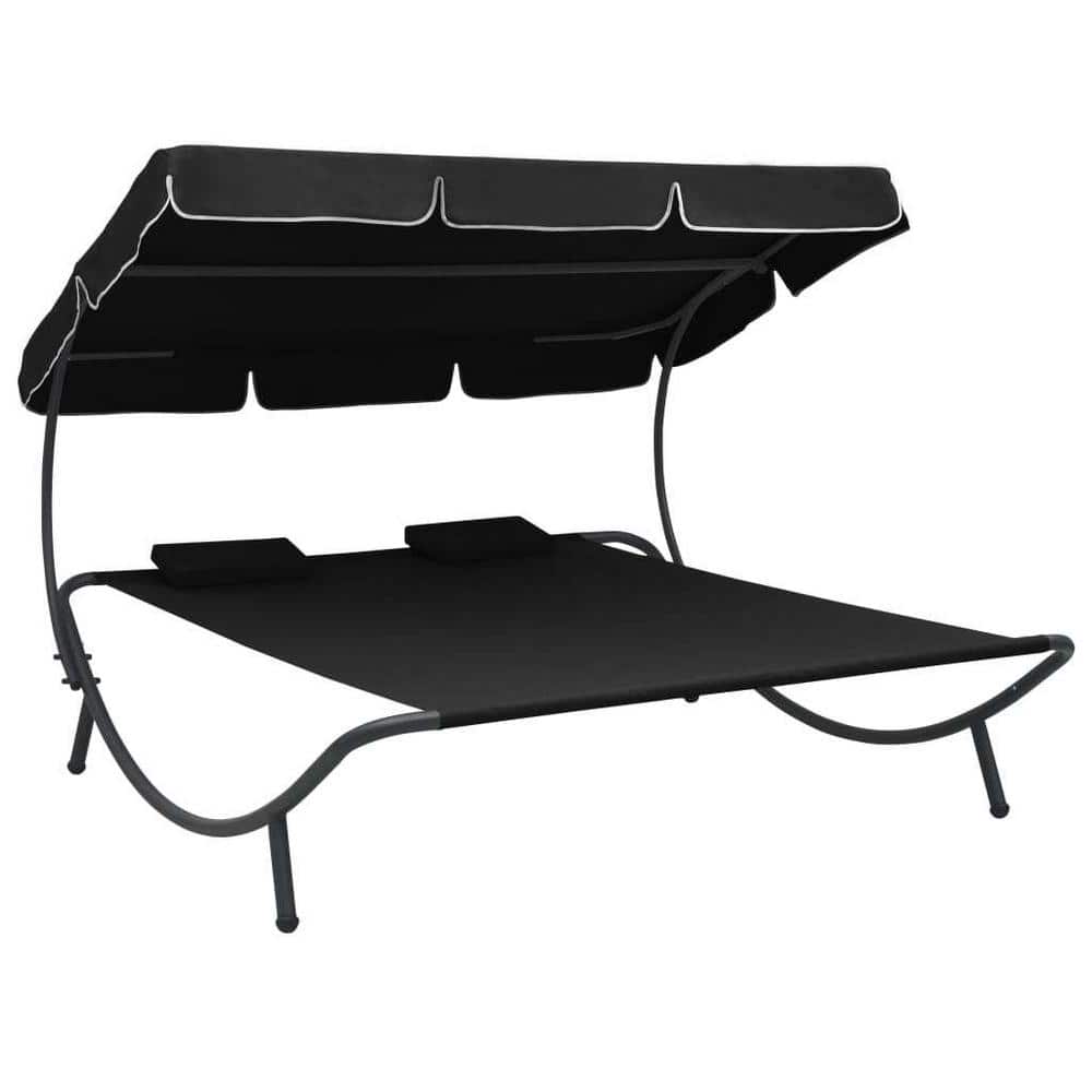 Metal Steel Outdoor Day Bed Lounge Bed with Canopy and Pillows in Black