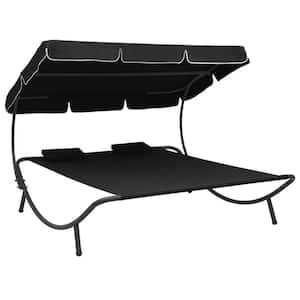 Metal Steel Outdoor Day Bed Lounge Bed with Canopy and Pillows in Black Cushions