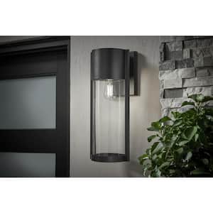 Kempster 19 in. Modern 1-Light Matte Black Modern Outdoor Wall Cylinder Light with Clear Glass