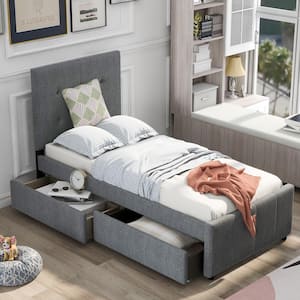 Linen Upholstered Gray Twin Platform Bed with Headboard and 2-Drawers