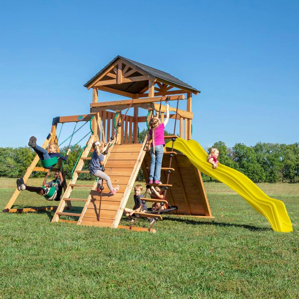 Endeavor Outdoor Playground Playset Elevated Clubhouse Climbing Wall Web Swing Yellow Wave Slide-Professional Assembly price history on PriceWatchPro