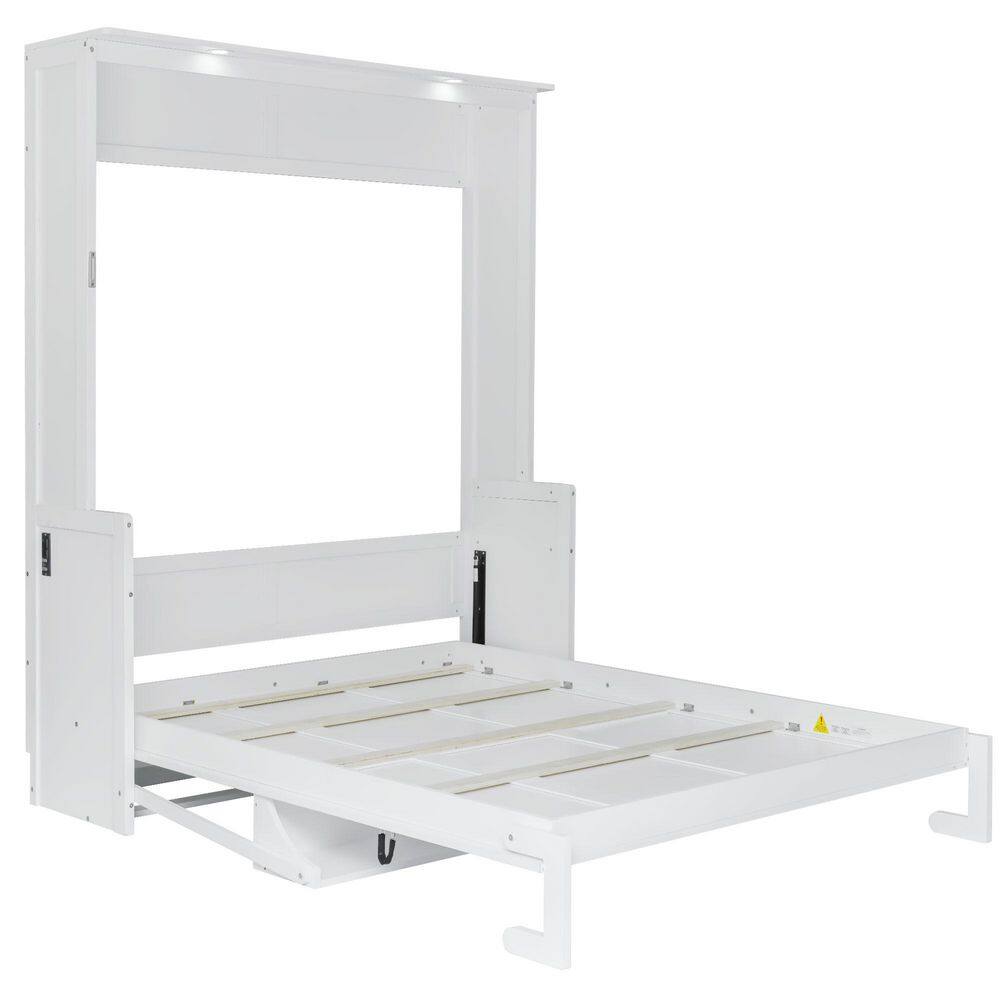 White Wood Frame Queen Murphy Bed with Desk, LED Lights and USB Charging Station - thumbnail 6