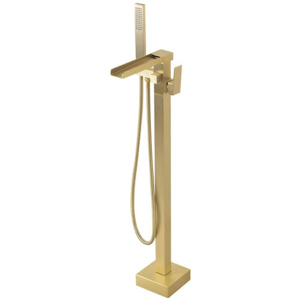 Handheld Shower In Brushed Gold, Waterfall Bathtub Faucet With Sprayer