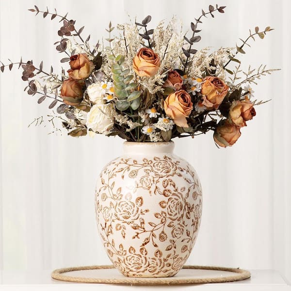 7.9 in. Brown Round Ceramic Retro Floral Vases Rustic Decorative Vase LSK2VN5