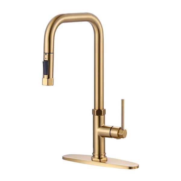 VEVETTA Single Handle Pull Down Sprayer Kitchen Faucet with 2-Mode Sprayer in Brushed Gold