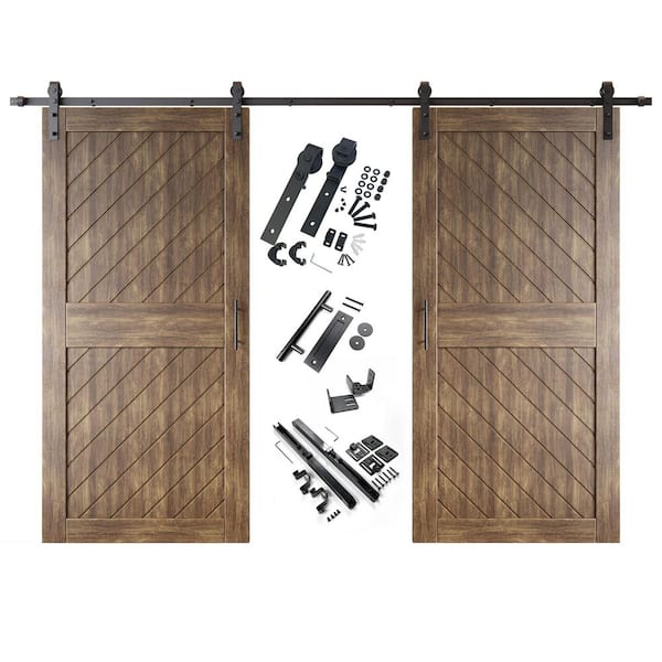 HOMACER XT1 32 in. x 84 in. C-Panel Dark Walnut Slanted Stripe Design Double Pine Wood Sliding Barn Door with Hardware Kit