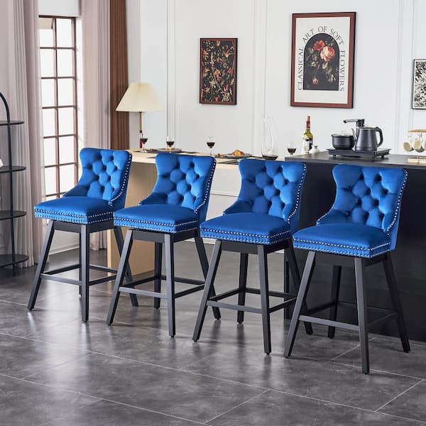 29 in. Blue Velvet Upholstered Solid Wood Frame Bar Height Swivel Bar Stool (Set of 4)