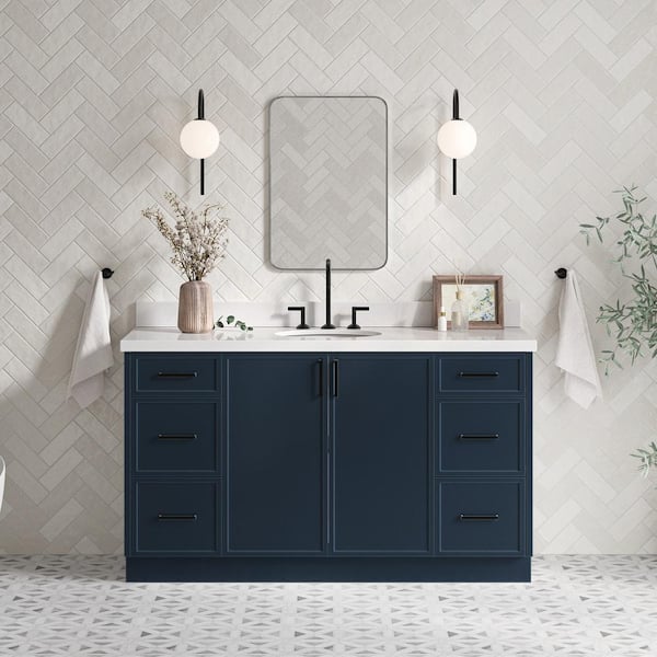 ARIEL Kelly 61 in. W x 22 in. D x 36 in. H Single Sink Bath Vanity in Midnight Blue with Pure White Quartz Top