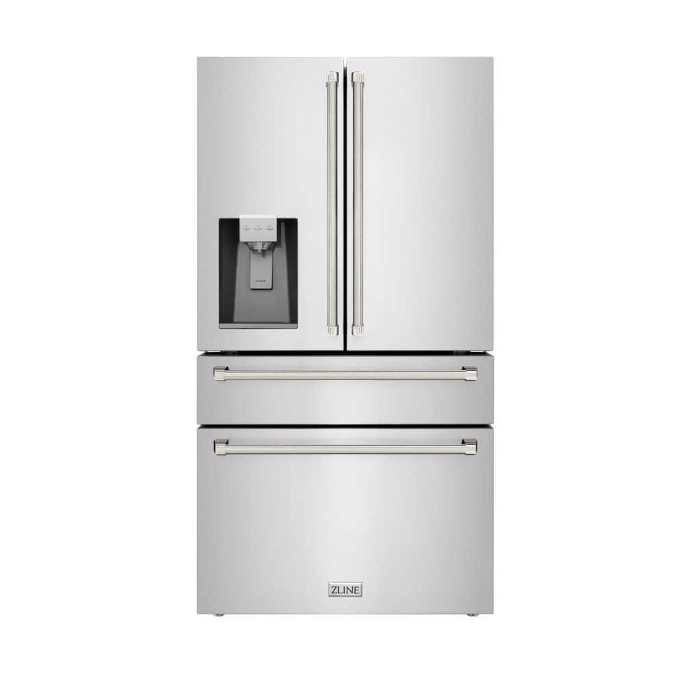 ZLINE Kitchen and Bath Autograph Edition 36 in. Counter-Depth French Door 22.5 cu ft Refrigerator in Stainless Steel with Nickel Helix Handles