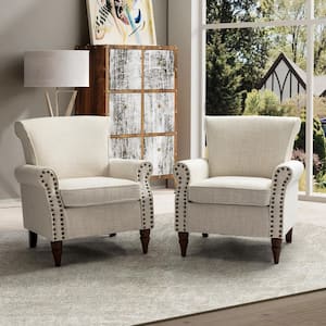 Cythnus Traditional 30 in. Ivory Upholstered Polyester Arm Chair with Wooden Legs (Set of 2)