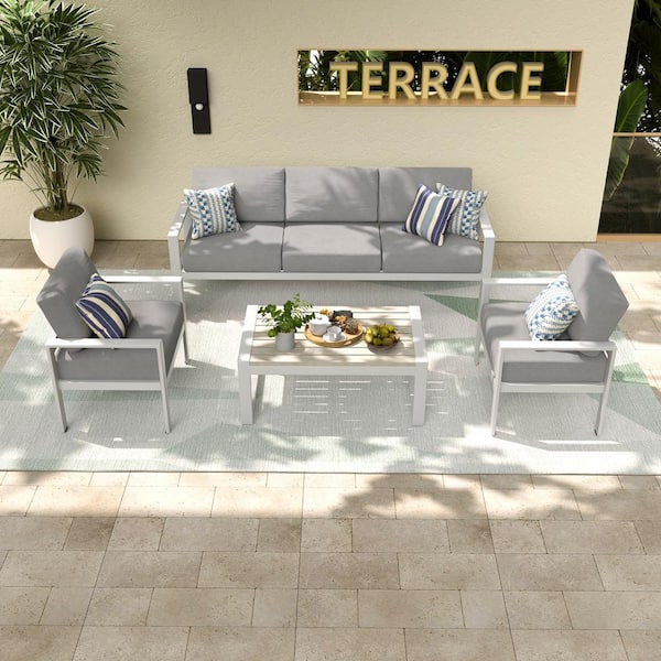 GARSING 4-Piece Metal Patio Conversation Seating Set with in White Cushions