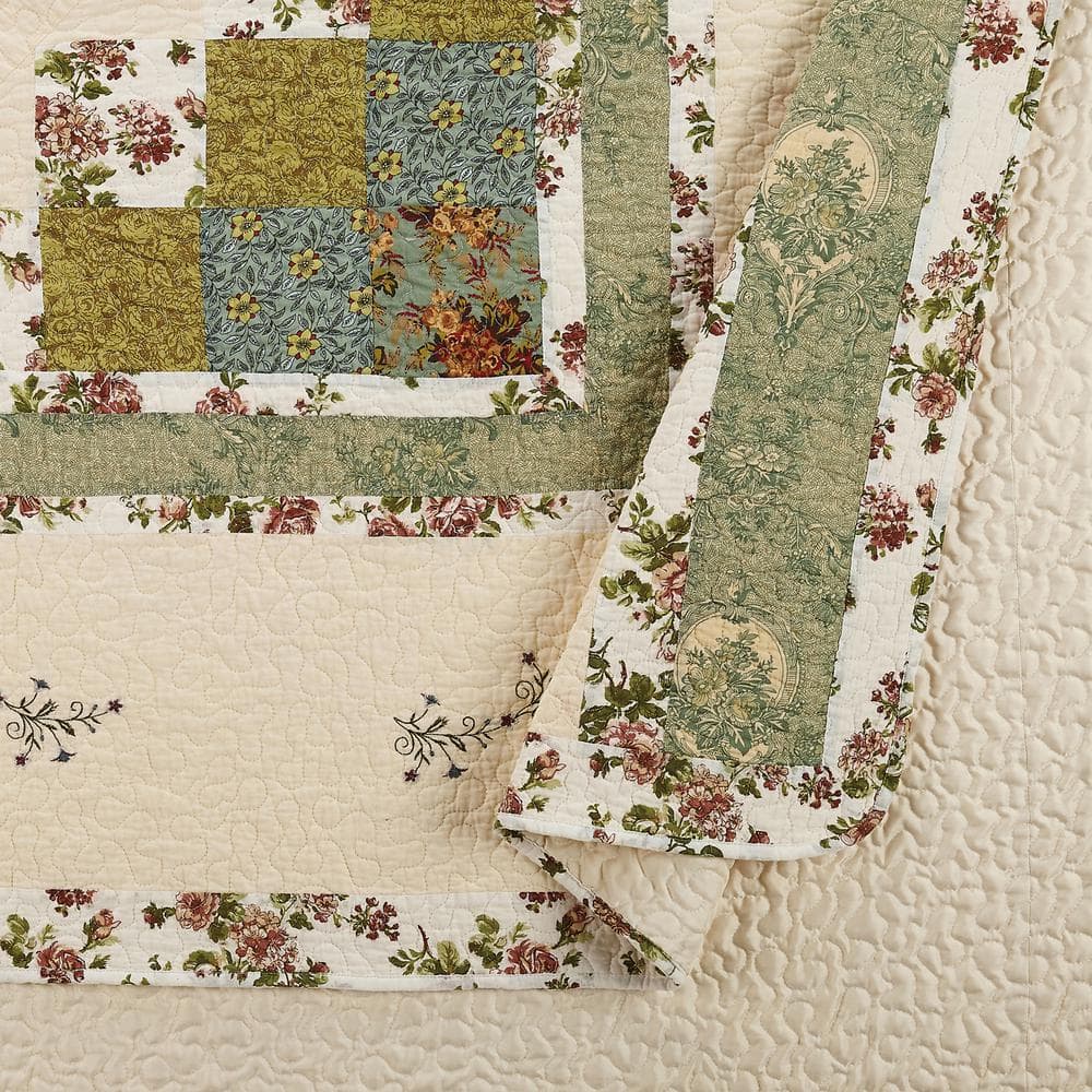 Olivia Green and Cream Cotton Queen Bedspread with Floral Embroidery