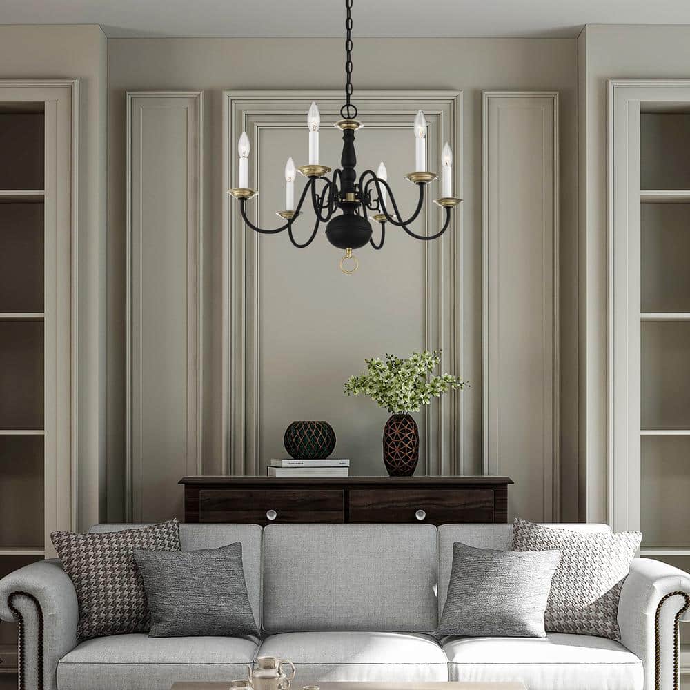 Elegant Colonial Black and Antique Brass 6-Light Crystal Chandelier