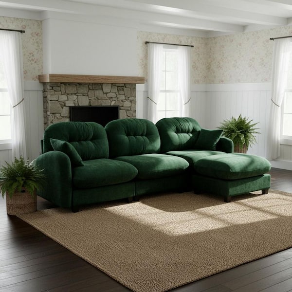 PMOB 107 in. Round Arm 4-piece Chenille L-Shaped Tufted Backrest with Ottoman Sectional Sofa in Emerald Green