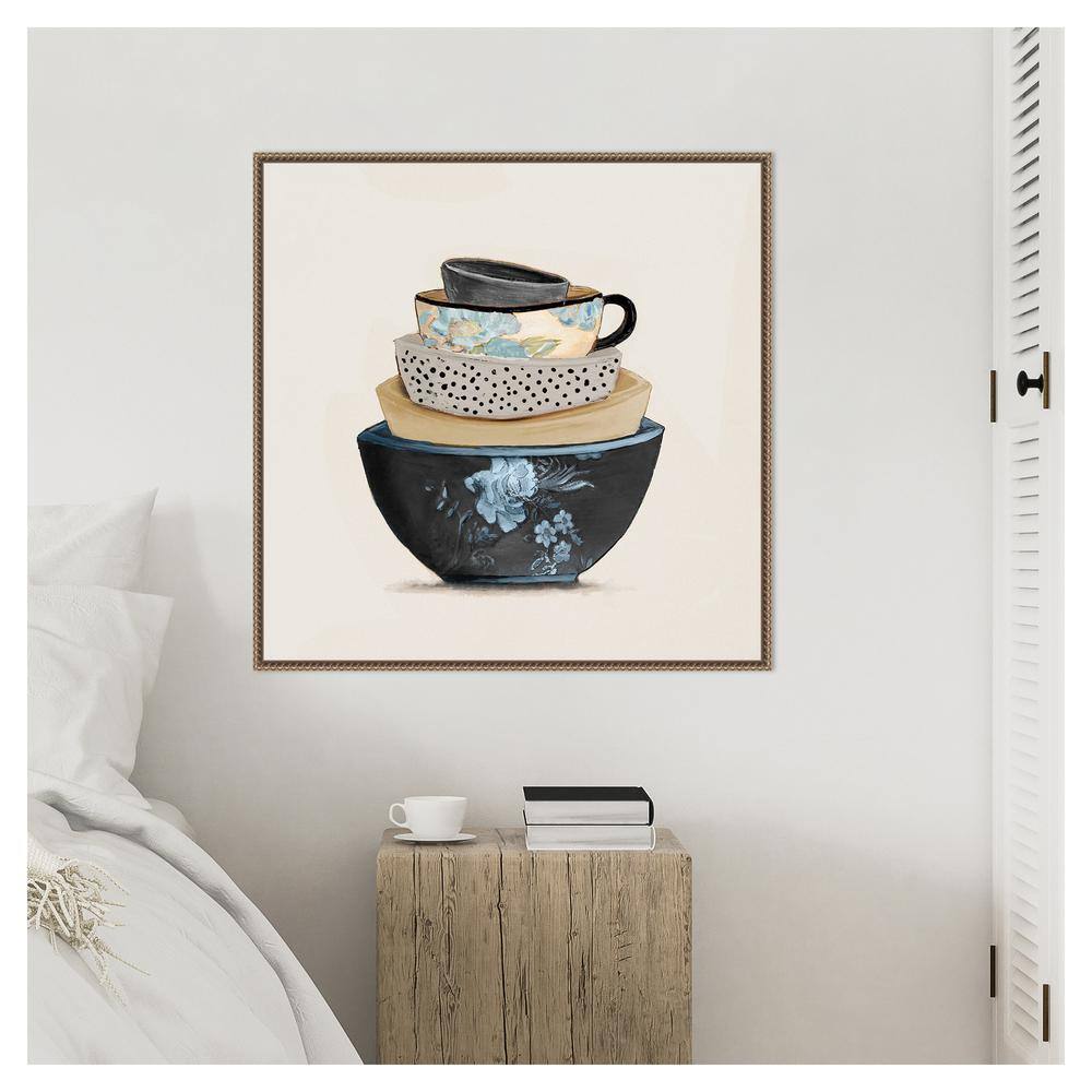 Stacked Blue and Beige Bowls Framed Canvas Wall Art
