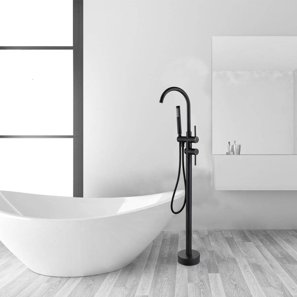 Matte Black Brass Freestanding Tub Filler with Handheld Shower