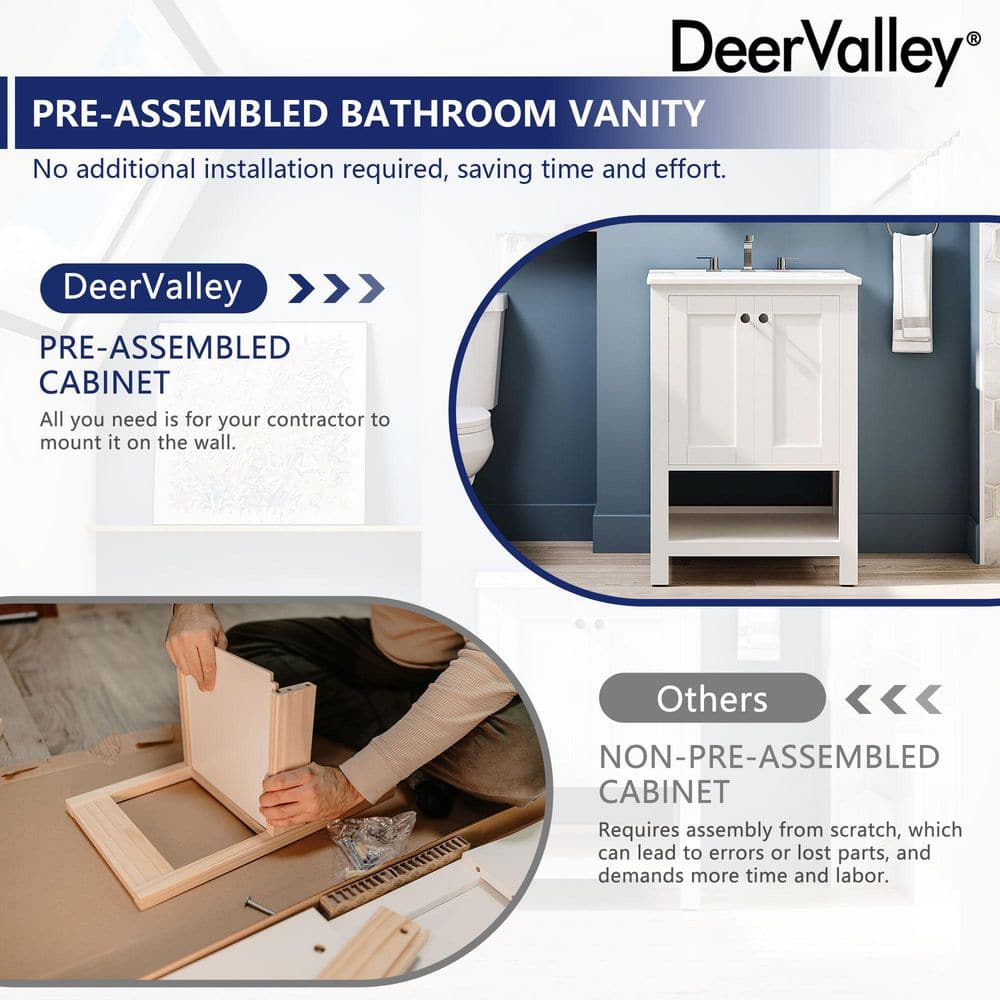 24" White Solid Wood Freestanding Bathroom Vanity with Ceramic Sink