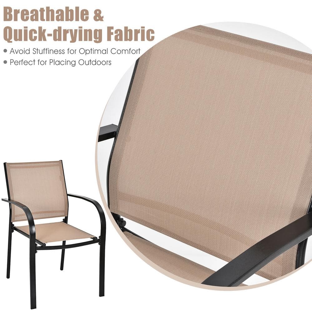 Black and Brown Steel Frame Patio Dining Armchairs, Set of 2