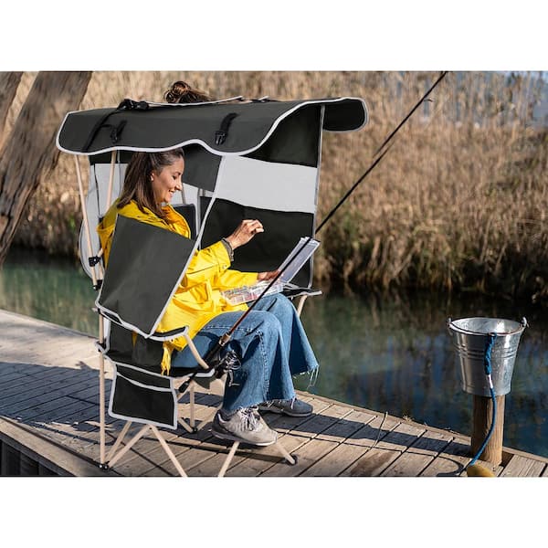 KOTEK Camping Chair With Canopy - Portable Folding Chair With Sun Shade & Cup Holders