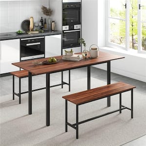 3-Piece Rectangle Walnut Wood Top Dining Room Set Seats 6