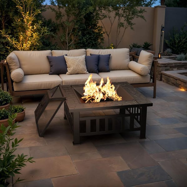 Tozey 32 in. Outdoor Metal Matte Black Fire Pit with Cover and Poker