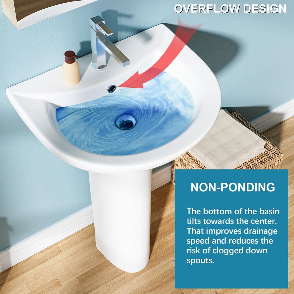 White Ceramic Gloss Pedestal Bathroom Sink with Overflow Drain
