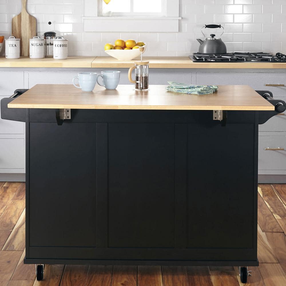 Black Wood Kitchen Cart with Drop Leaf and Storage