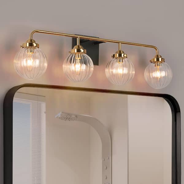 Zevni 28.5 in. 4-Light Brass Gold Bathroom Vanity Light, Pumpkin-Shaped Clear Glass Bath Lighting, Modern Black Wall Sconce