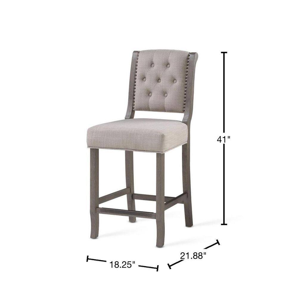 Driftwood Grey Tufted Back Counter Stool with Bronze Nailhead Trim