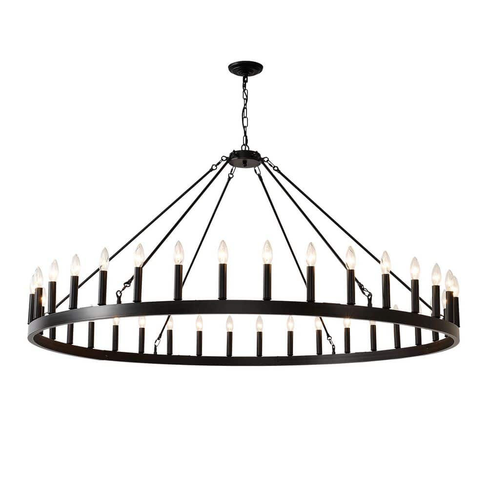 60 in. 36-Light Black Wagon Wheel Chandelier, Large Farmhouse Ceiling Light