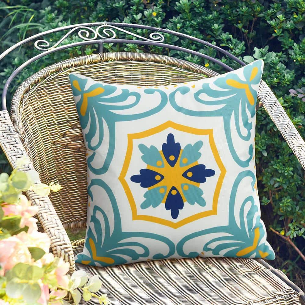 Set of 4 Blue and Yellow Boho Floral Waterproof 18" Square Pillow Covers