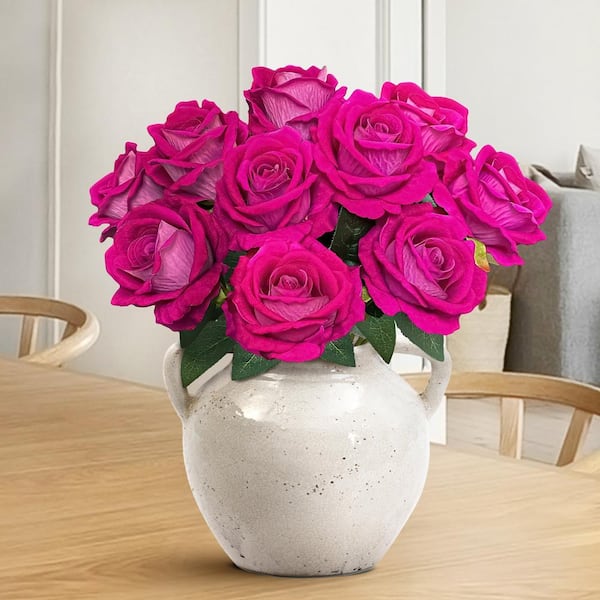 LIVING LUXURY 16 in. Hot Pink Artificial Velvet Rose Flower Stem