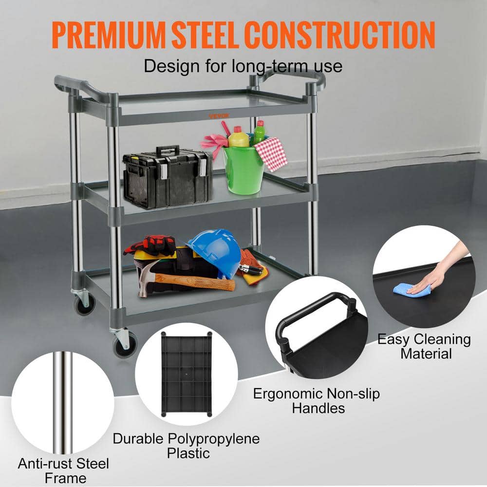 Gray 3-Shelf Heavy Duty Rolling Utility Cart with Lockable Wheels
