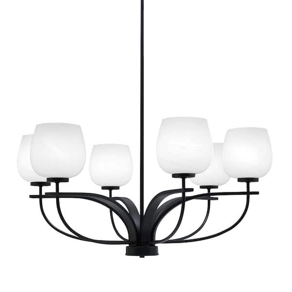 Unbranded Olympia 6-Light Matte Black Round Chandelier with 6 in. White Marble Glass Shades, No bulbs included